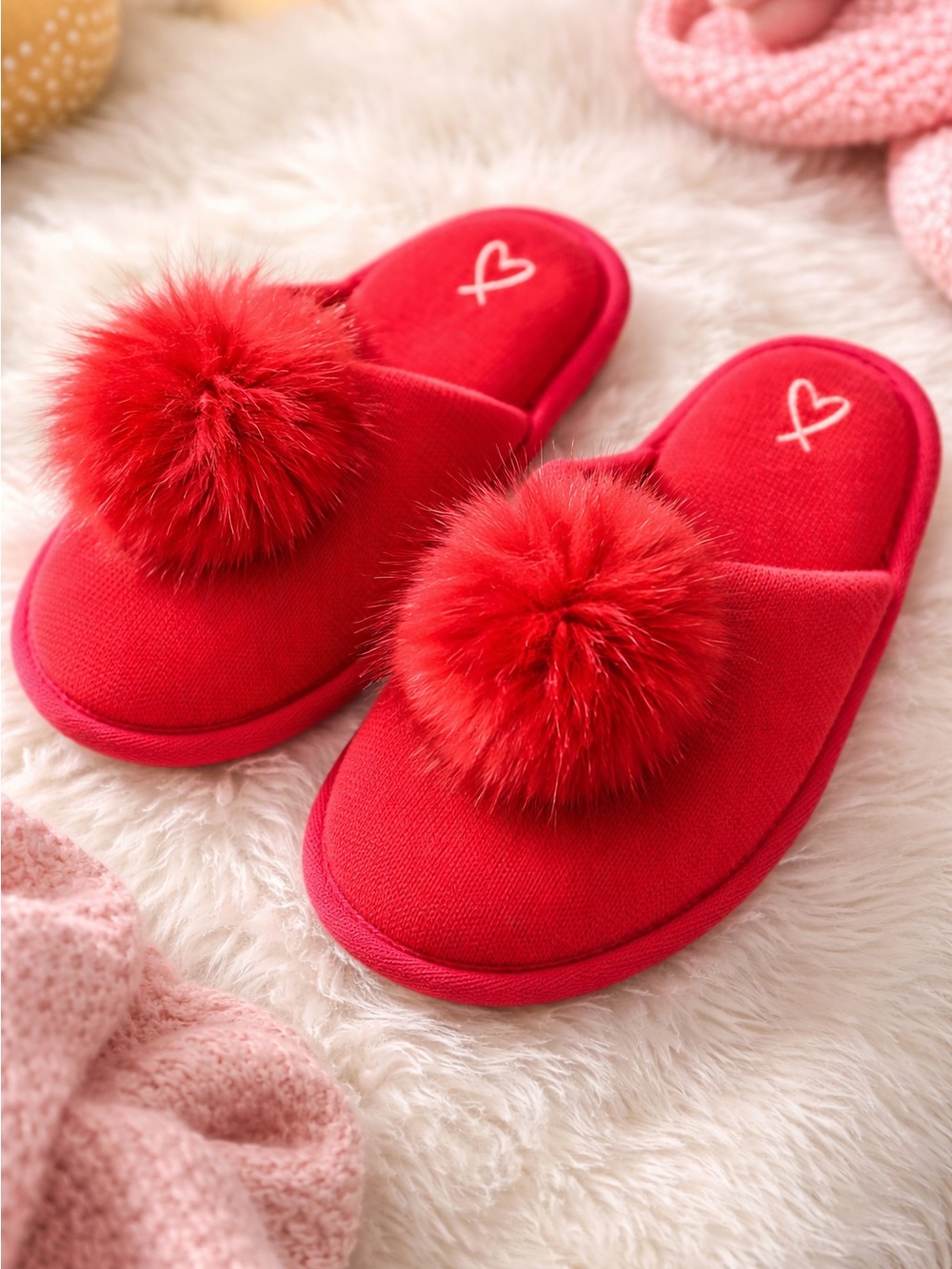 Victoria's Secret Red Pom-Pom Slip-On Slippers